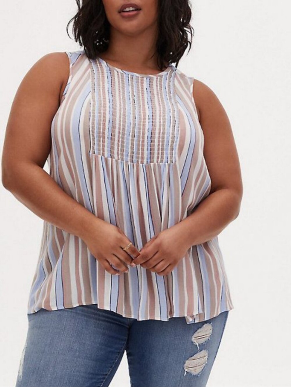 TORRID Striped Sleeveless Tank Top in Taupe, Blue & Cream